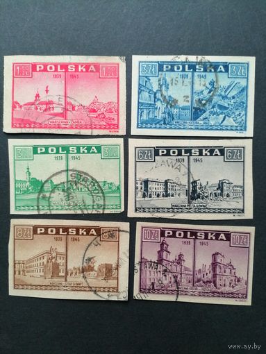 Польша 1945 Полная серия марок "Взгляд из Варшавы: до и после ее разрушения" (гашение без клея, на нескольких есть следы наклеек) Mi.414-419 каталог 2.50 евро