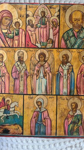 Большая оригинальная живописная Икона Многочасная Св. Георгий , Николай , Казанская Богородица Св. Ангел Хранитель   19 век