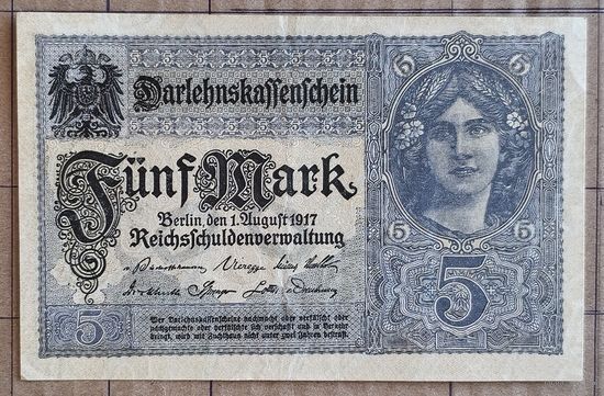 Германия 5 марок 1917 г., Ro.54с,.,DEU-61b, X.#8. Рис. серо-фиолетовый. Серии A, B, R, S, T, U, V, W, X, Y, Z