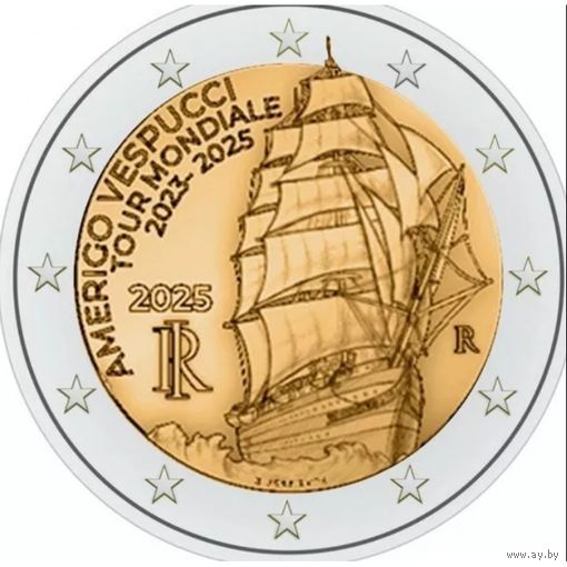 Италия 2 евро 2025 Кругосветное путешествие Америго Веспуччи UNC из ролла