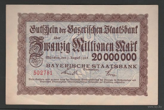 Германия Бавария 20 000 000 марок 1923 года. Состояние аUNC+!