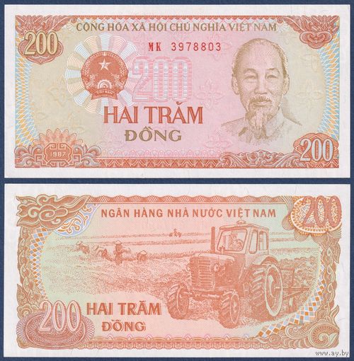 Вьетнам, 200 донгов 1987 г., P-100c (MK, Хо Ши Мин, трактор), UNC