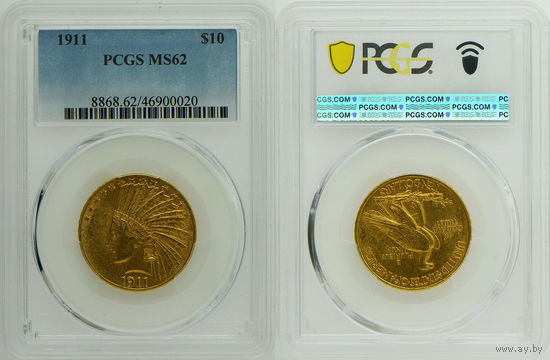 10 долларов 1911 г. Голова индейца. США. PCGS MS 62. Золото. KM# 130.