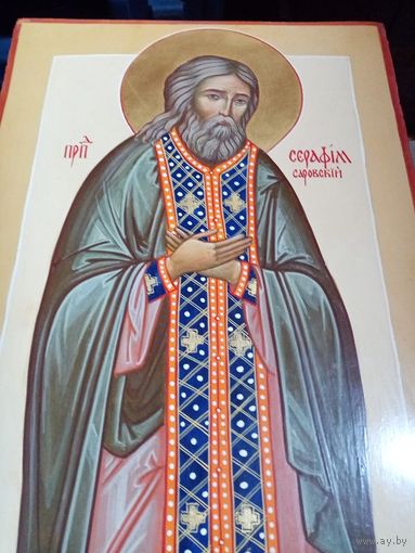 Рукописная икона "Прп. Серафим Саровский",  52х22х3см.   яичная темпера, левкас, золочение.