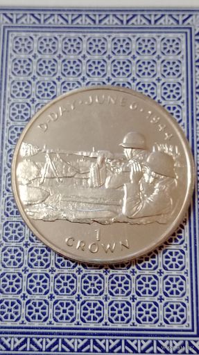 Остров Мэн 1 крона 1984 высадка в Нормандии позиции немецкого пулемёта