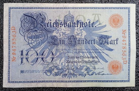 100 марок Германия 1908 г. (красная печать)