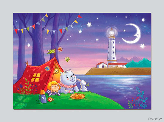 Открытка почтовая. Ночь Лето. Поход. Палатка. Девочка. Мишка, зайчик. Море. Маяк. Худож. И.Смирнова (чистая)