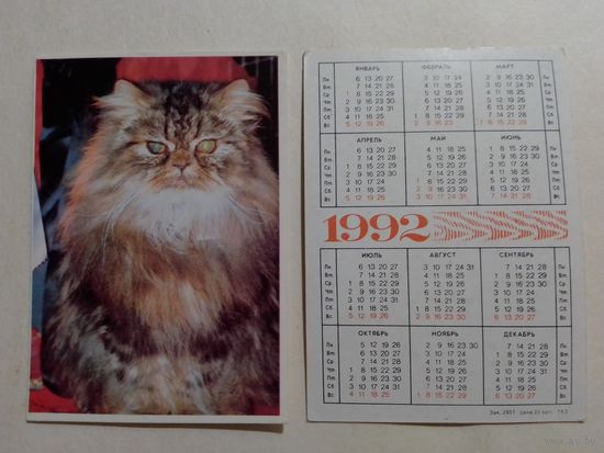 Карманный календарик. Котик.1992 год