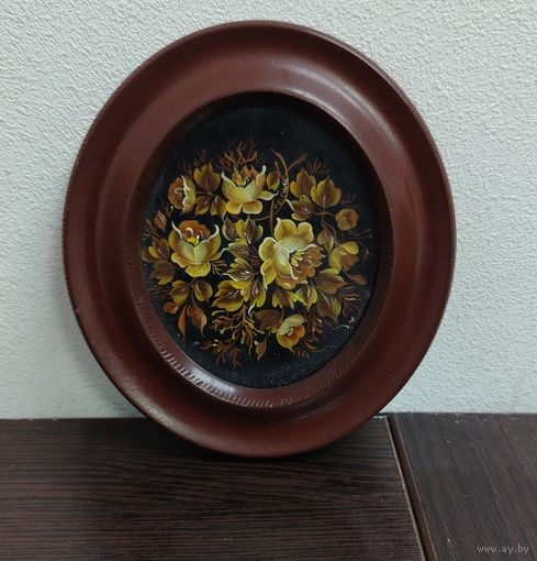 Винтажная декоративная миниатюра маслом с цветочным орнаментом стиль  Жостовская роспись  , картина подписана ,художник  Мелешко.