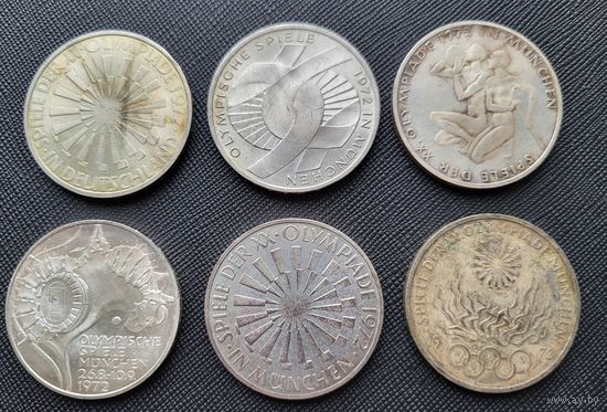 10 марок Германии 1972 х6 монет! Полный комплект! XX летние Олимпийские Игры, Мюнхен 1972! Гамбург, Штутгарт! Серебро 93 грамма 625 пробы! ВОЗМОЖЕН ОБМЕН!