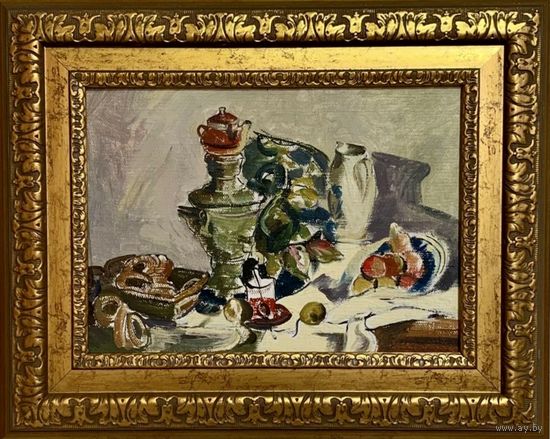 Казак О.И "У самовара", 1971г. Картон, масло. Размер 30х21.5 см.