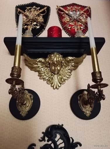 - Композиция АНГЕЛ ХРАНИТЕЛЬ Подсвечники от рояля бронза Рама чугун 19 век и пр.