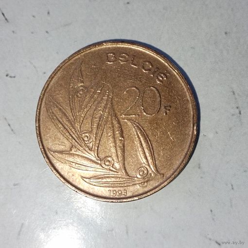 20 франков 1993 года Бельгия. Король Бодуэн 1. Надпись на голландском-"BELGIE". Красивая родная патина!