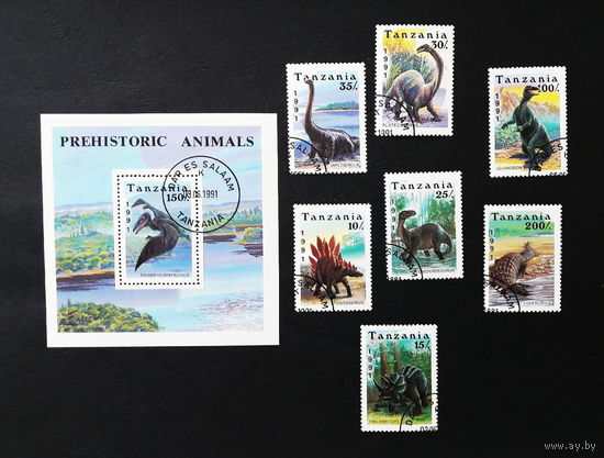 Танзания 1991 г. Динозавры. Доисторические животные. Фауна, полная серия из 7 марок + Блок #0139-Ф1P28