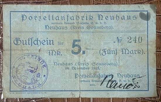 Банкнота 5 марок 1918 год. Нойхаус. Веймарская республика.