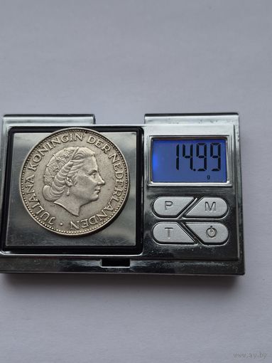 2 1/2 гульдена Нидерланды 1966 года, Королева Юлиана (1949 - 1980). Серебро 720 пробы. L45550.