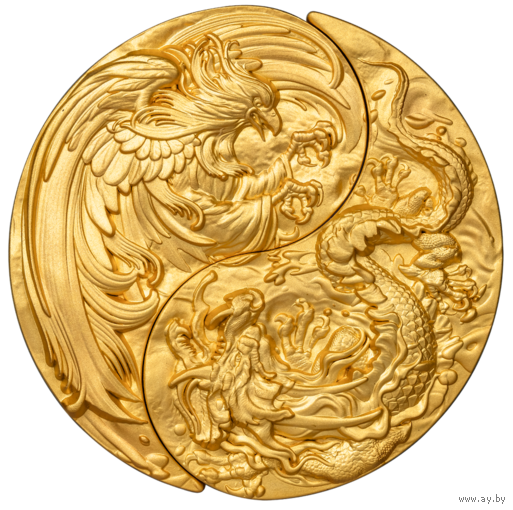 Чад 2х5000 франков 2023г. "Инь и Ян: Дракон и Феникс". 24K Gold. Монета в капсуле; подарочном футляре; сертификат; коробка. СЕРЕБРО 62,20гр. Медь 70гр.(2 oz/2,25 oz).