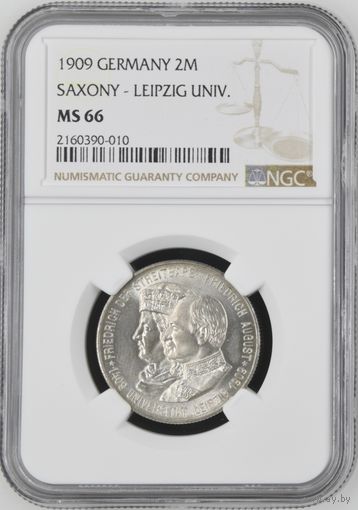 Германия. Саксония. 100 лет университету Лейпцига. 2 марки 1909г. слаб NGC MS66.