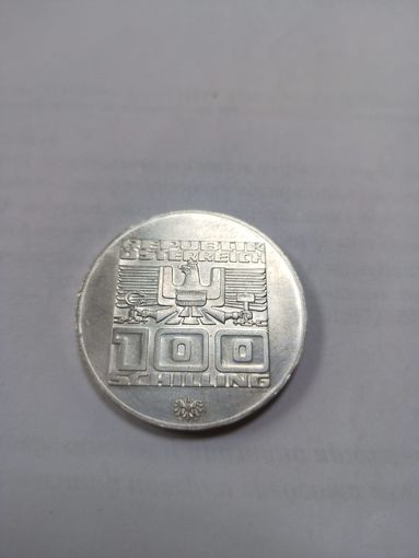 Австрия 100 шиллингов 1975. 12 зимние Олимпийские Игры,Инсбрук 1976-лыжник