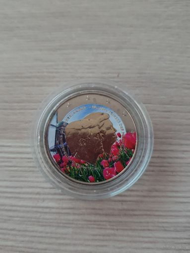 2 евро 2014 год, Нидерланды, Король Виллем и Беатрикс. Смена престола, ЦВЕТНАЯ   в капсуле, UNC