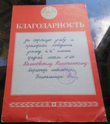 Благодарность Бобруйск 20-я школа