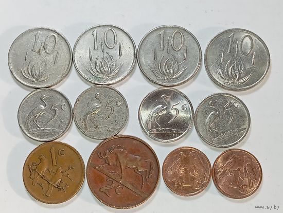 ЮАР 10 центов 1974 , 1975 , 1978 , 1980 , 5 центов 1975 , 1980 , 1983 , 1986 , 2 цента 1988 и 1 цент 1977 , 2000 , 2001 года .