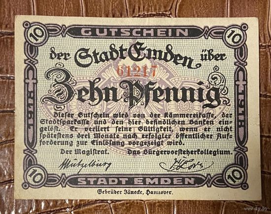 Нотгельд 10 пфеннигов 1918 год. Эмден. Веймарская республика