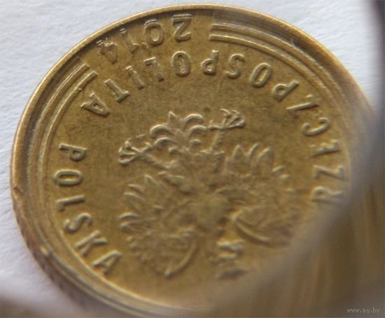 1 грош Польша 2014 Брак двоение или следы от двойного удара