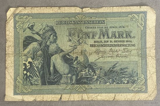 Банкнота 5 марок 1904 год. Германская империя. С рубля без МЦ.