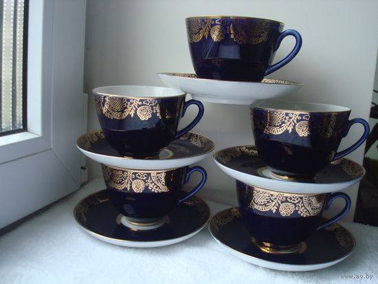 5 чайных пар (чашка и блюдце) "Версаль" со знаком качества. Кобальт ЛФЗ СССР. Люкс.Продажа поштучно.
