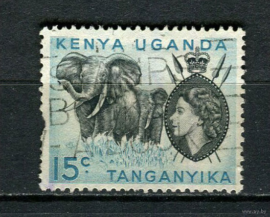 Британские колонии - Кения, Уганда, Таганьика - 1954/1959 - Елизавета II и слоны 15С - [Mi.94II] - 1 марка. Гашеная.  (LOT Fx7)-T10P50