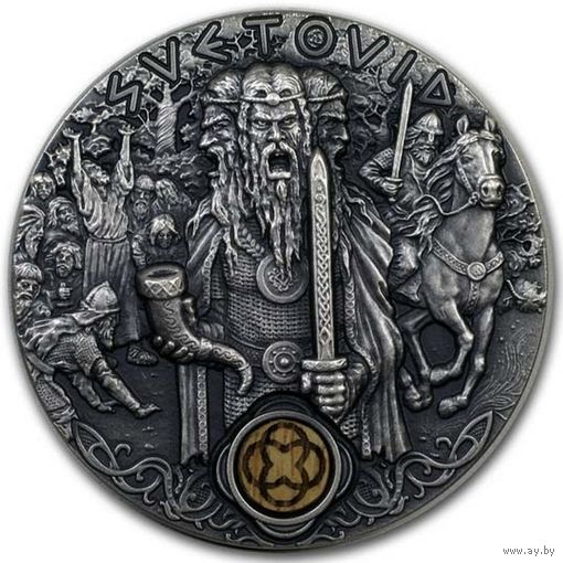 RARE Ниуэ 2 доллара 2019г. "Славянские боги: Световид". Монета в капсуле; деревянном подарочном футляре; сертификат; коробка. СЕРЕБРО 62,20гр.(2 oz).