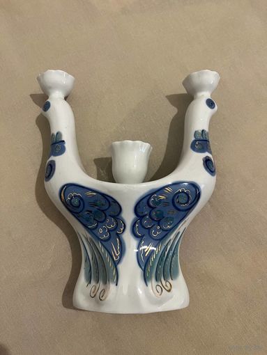 Редкий подсвечник в виде птиц с орнаментом , фарфор, роспись, золочение, Полонский ЗХК, скульптор Г. Погребная СССР 1973-1991 гг.