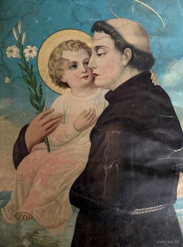 Старинная литография Святой Антоний Падуанский с младенцем