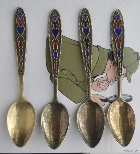 Серебряные ложки кофейные в эмали 875 проба