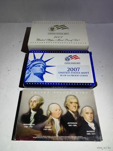 Годовой набор монет США 2007 г.(без квотеров) и набор президенты США 2007 г.в боксах Proof.