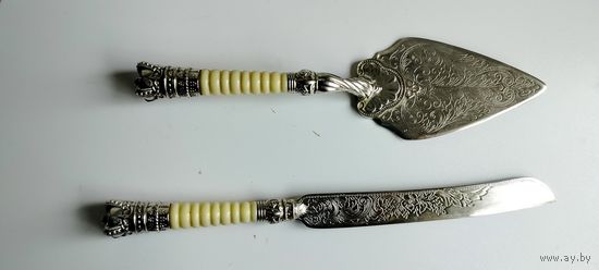 Набор, лопатка и нож для торта 1970-е Медь, серебрение.