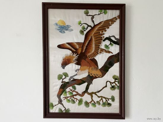 Картина панно вышивка гладью на шелке Китай 50е 39х55см