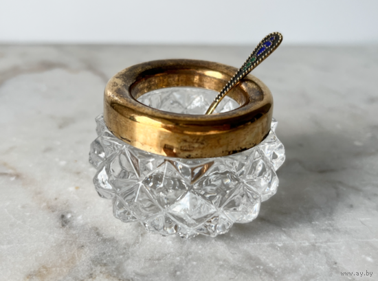 Солонка икорница серебро позолота СССР с ложечкой 875