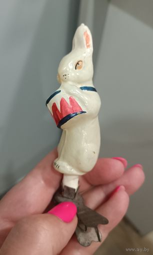 Ёлочная игрушка, стекло, заяц с барабаном