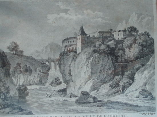 Офорт Вид на замок Фрибург. Гравюра 1780-е годы #2