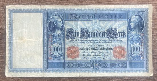 Банкнота 100 марок 1910 год. Красная печать. Германская империя.