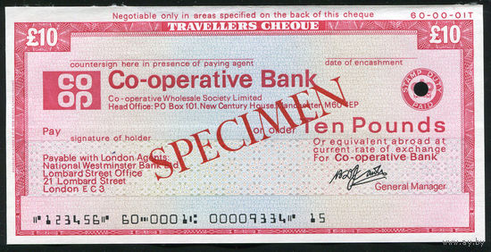 Дорожный чек Образец 10 фунтов стерлингов Банк Co-operative Bank Англия