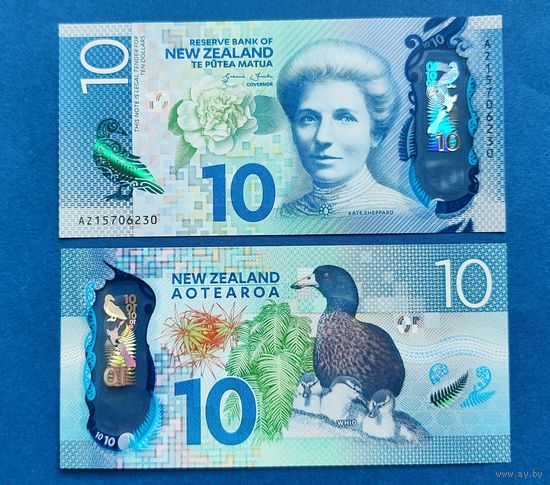 Новая Зеландия, 10 долларов 2015 г, P-192 (AZ, полимер, суфражистка Кейт Шеппард, голубая утка уио), UNC