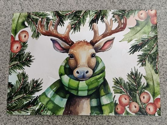 Открытка олень в шарфе, новый год. Чистая