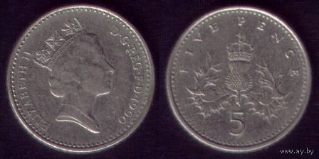 5 пенсов 1990 год Англия Круглая