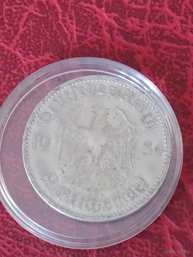 2 марки Германия, кирха с надписью 1934 г. Мон. Двор Д.