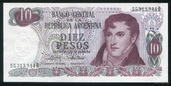 Аргентина 10 песо 1973-1976 гг. P295(3). Серия D. UNC
