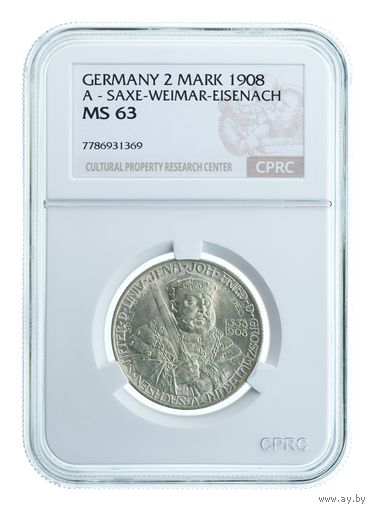 Германия. 2 марки 1908 г. Саксен-Веймар-Эйзенах. слаб CPRC MS63