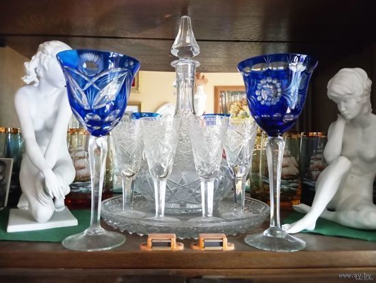 - Графин Поднос  Рюмки 4 шт Бокалы 2 шт Хрусталь Германия 1950-ые.